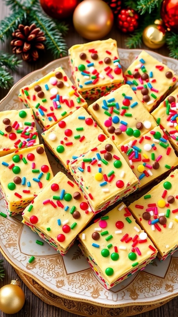 A festive display of Christmas cookie bars with sprinkles and chocolate chips on a decorative plate.